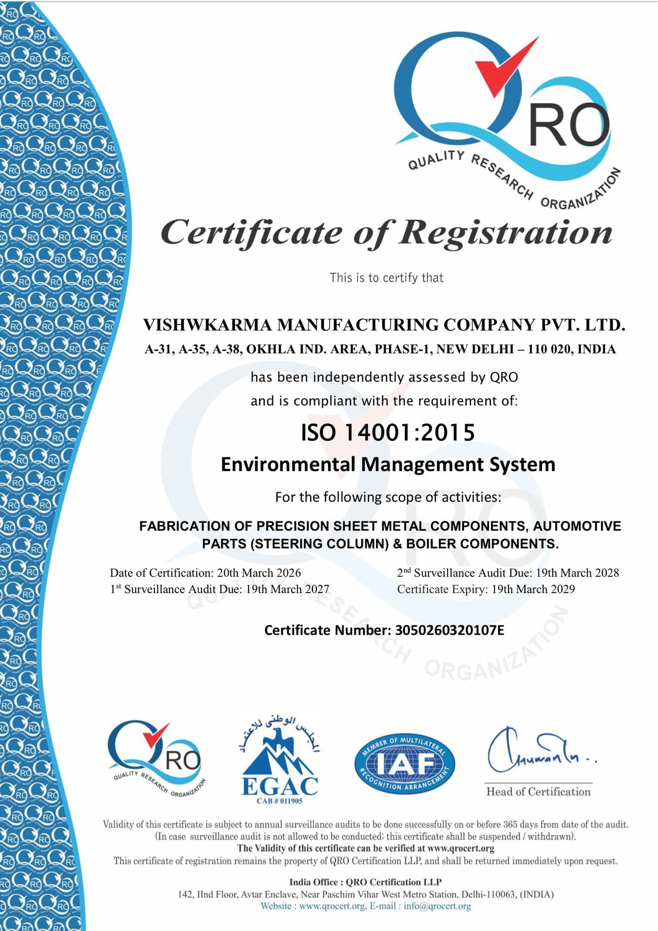 ISO 14001:2015 certificate